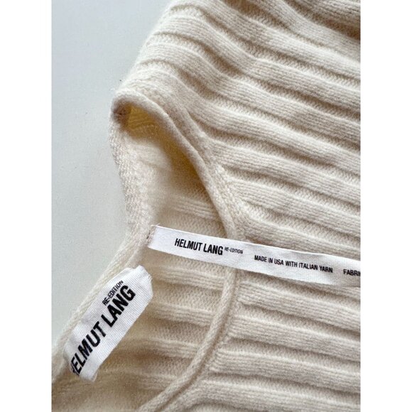 HELMUT LANG Re-Edition Ivory 100% Wool Ribbed Knit Cut-Out Elbow Sweater, Size M - Picture 13 of 16